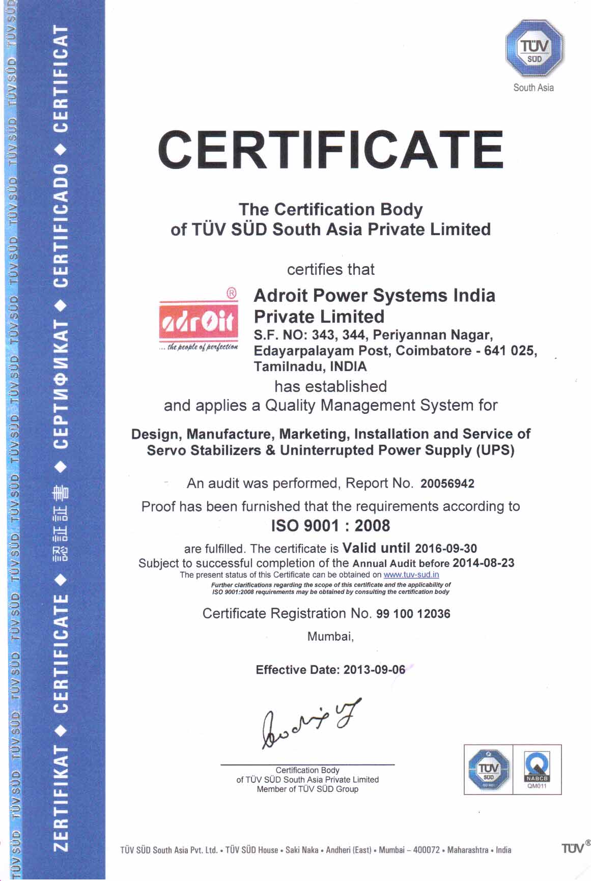 Tuv Sud South East Asia Certificate Nirmitee Robotics